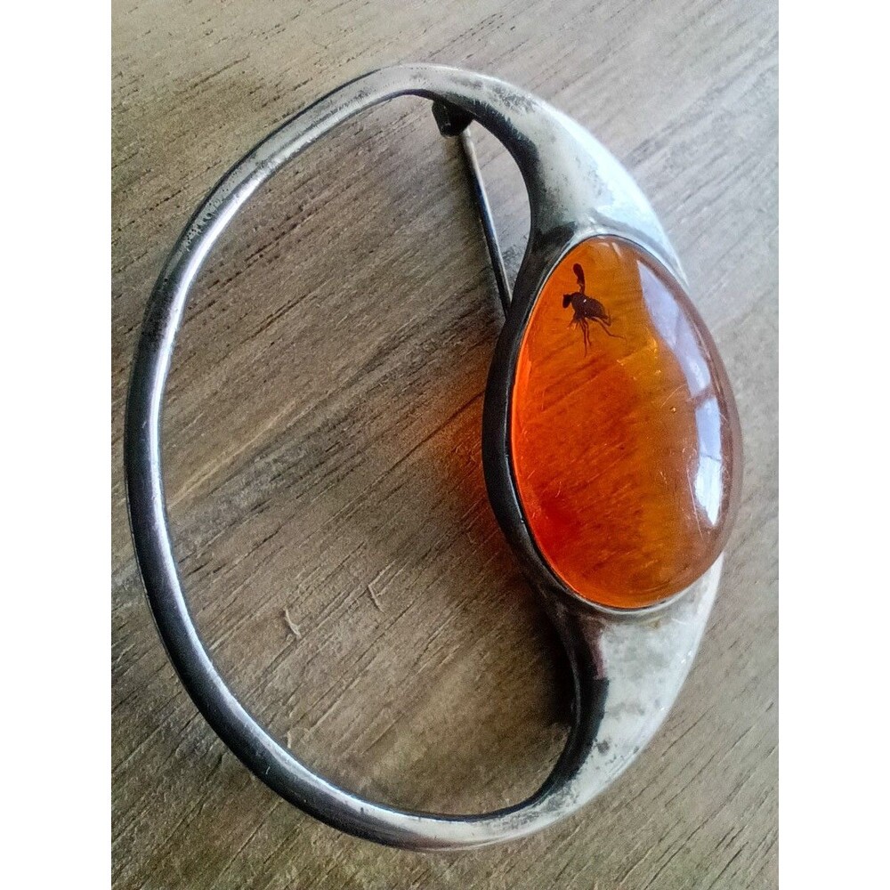 Vintage Baltic Natural Amber brooch Silver Plated Large Stone Genuine MINT